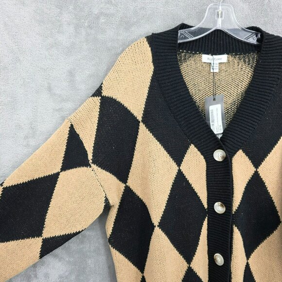 Nasty Gal Wild Flower Knit Cardigan Sweater XS S Black Camel Diamond Buttons New - Picture 3 of 11